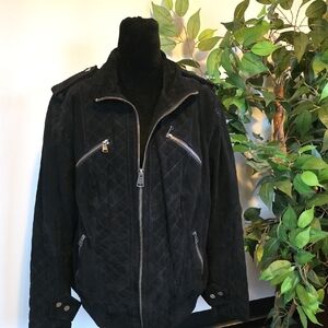 Black Suede Leather Jacket with Zipper Details